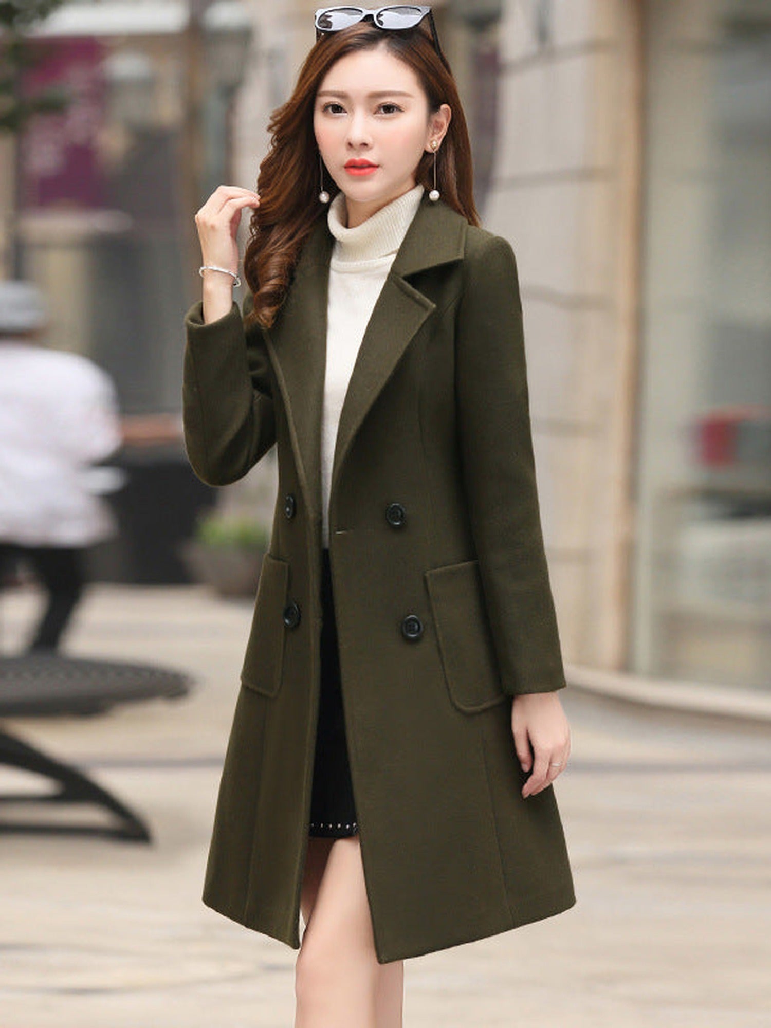 30–50% Cotton Double-Breasted Long Coat – Women – Olive – worn